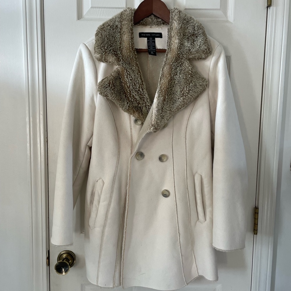 New York & Company Beige Suede and Faux Fur Collar Pea Coat